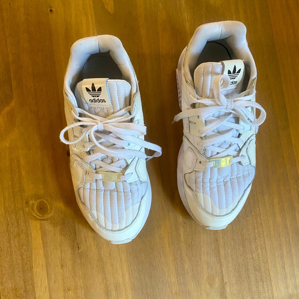 Adidas white and iridescent Torsion sneakers